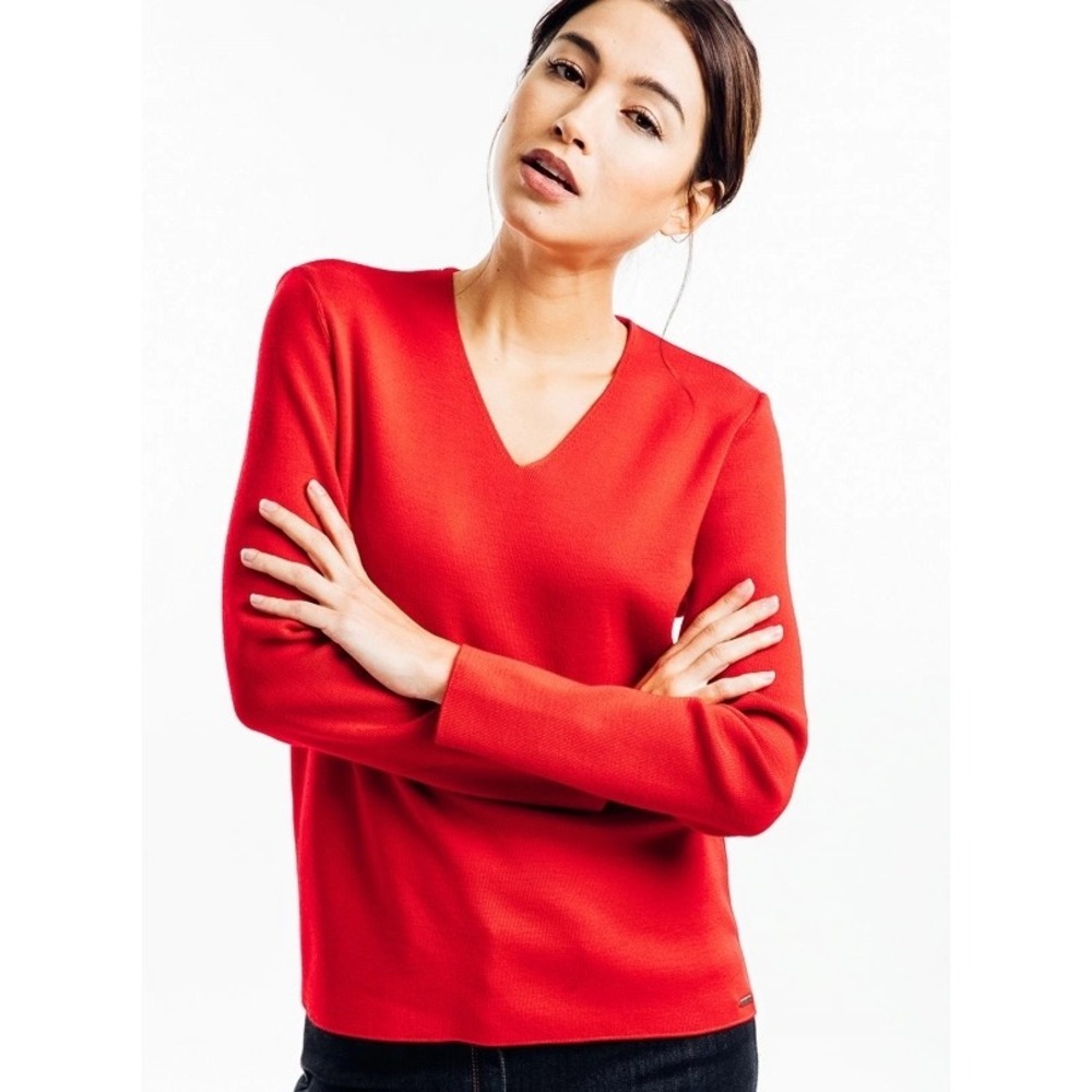 Saint James Brehat III Red Pure Wool V-Neck Sweater Made in France Size M